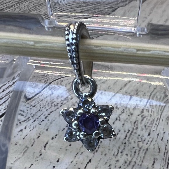 Authentic Pandora Sterling Silver 'Forget Me Not' Purple CZ Flower Dangle Charm - Picture 1 of 4